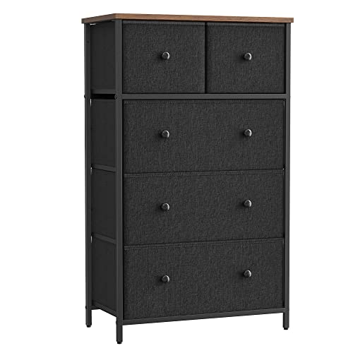 SONGMICS Storage Tower with 5 Fabric Drawers, Dresser Unit, for Living Room, Hallway, Nursery, Particleboard, Non-Woven, Solid Knob Metal Wood, B