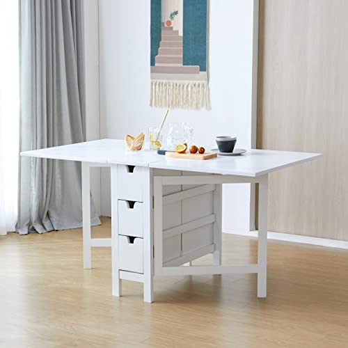 Livinia Wings Gate-Leg Wooden Dining Table, Solid Hardwood Expandable Drop Leaf Space Saving Kitchen Table with Drawers Fully Assembled(White)