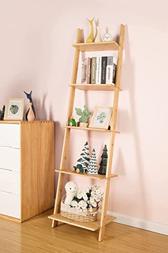 Venloup Ladder Shelf 5-Tier Bookshelf –Bamboo Storage Rack Shelves Wall Leaning Shelf Unit,FreeStanding Plant Flower Stand, Corner Display Bookca