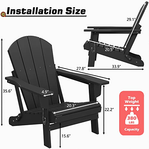 Greesum Folding Adirondack Chair Outdoor Accent Furniture Patio Lounge seat for Yard, Garden, Fire Pit 350lb Weight Capacity, Black