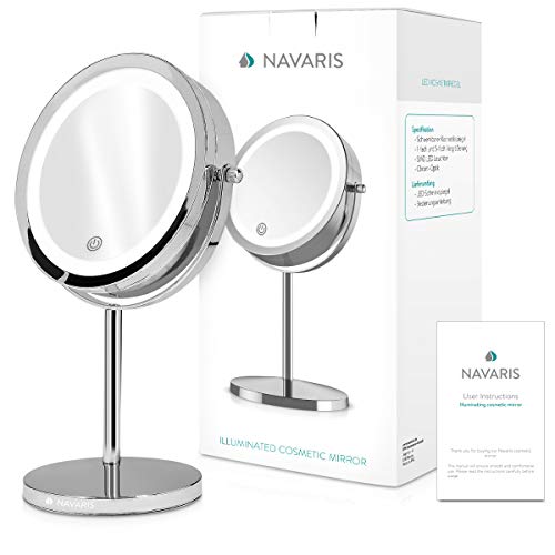 Navaris LED Illuminated Makeup Mirror - Two-Sided Vanity Mirror with Normal and 5x Magnification - 360° Cosmetic Mirror with Touch Screen - Silve