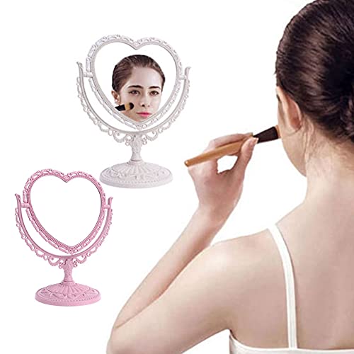 Jorzer Heart Shaped Mirror Rotatable Makeup Mirror Double Sided Vanity Mirror Swivel Cosmetic Mirror Girls Women Stand Desktop Plastic Mirror - P