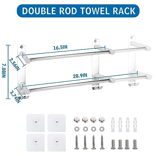 Stainless Steel Towel Shelf, Towel Rail Wall Mounted 38-70cm, Self Adhesive Double Towel Rail, Bath Towel Rail Self Adhesive with 2 Hooks for Bat