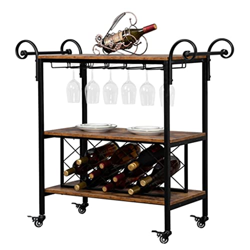 DSHGDJF 2-Layer Double-Armrest Diamond Wine Bottle Rack 1.5mm Thick Fire Pattern Density Board Movable Iron Wood Wine Cart