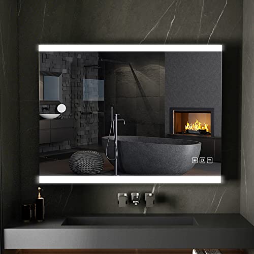 furduzz IL-02-60 Illuminated Backlit LED Bathroom Mirror, 600x450mm Wall Mounted Multifunction Bathroom Vanity Mirror with Touch Button 3 Colour
