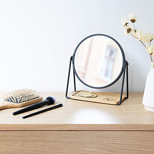 Navaris Tabletop Mirror with Tray - Double-Sided 1x/2x Magnifying Makeup Mirror with Bamboo Base - For Dressing Table, Bathroom, Bedroom - Black