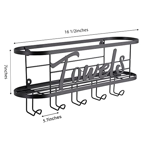 KEGII Towel Storage Rack Wall Mounted with 5 Hooks, Rolled Bath Hand Towel Holder, Black Bathroom Decor, Stainless Steel Shelf Organiser