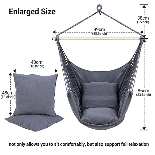 Hanging Chair Cotton Swing Chair with Hardwares, Ohuhu XL Portable Gray Hammock Chair with Cushions Installation Kit Detachable Metal Support Bar