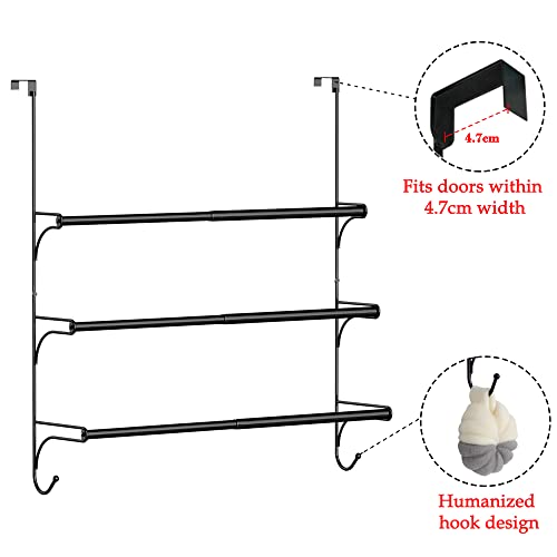 Over the Door Towel Rail - 3 Tier Bathroom Hanging Towel Rack with 2 Hooks - Expandable Towel Ladder for Towelsor Clothing - Black