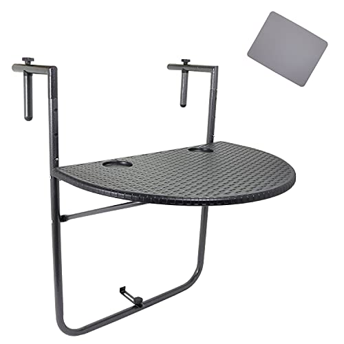 GOLETIO Balcony Hanging Table - Black Rounded Wicker Rattan Railing Table - Adjustable Height, Foldable and Compact, Weather & Rust-Resistant - I