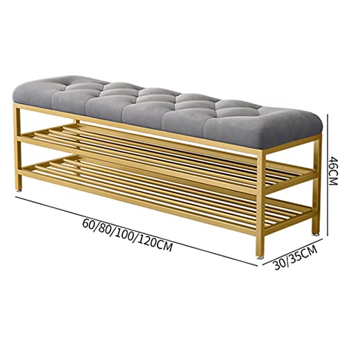 Metal Entrance Shoe Rack,Large Capacity Luxury Upholstered Shoe Storage Bench with Velvet Seat,Modern Shoe Bench for Hallway Accent Furniture-Gre