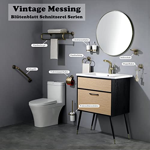 Lucyound Antique Gold Oval Towel Ring, Hand Towel Holder Wall Mounted, Vintage Decor Bathroom Accessories, Brass Petal-Relief Series