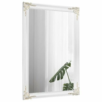 24x36 Inch Rectangular White Framed Wall Mirror,Vintage Wall Mirror for Bedroom Bathroom,Living Room, Baroque Inspired Wall Decor