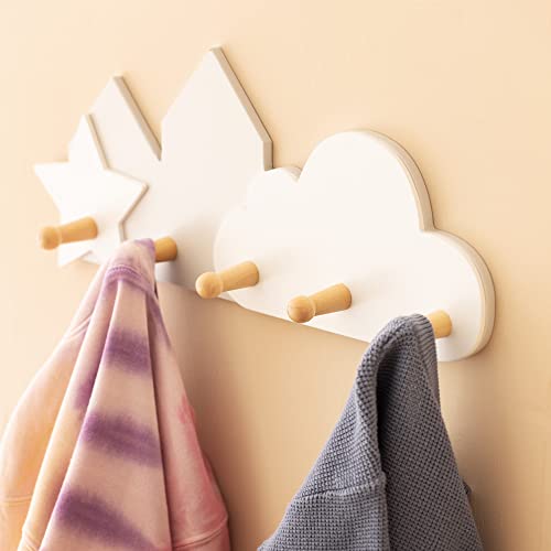 Navaris Kids Wall Mounted Coat Hooks - Coat Rack with 5 Hooks for Boys or Girls Room, Bedroom, Nursery - MDF and Wood Decor - Cloud and Star Desi