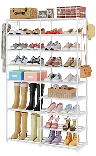 Tribesigns Shoe Rack Organizer, 32-40 Pairs Storage Shelf, 9 Tiers Stand, for Closet, Boot Organizer with 2 Hooks, Stackable Tower