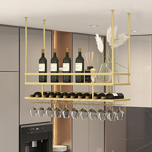 EYLINK 2 Layer Hanging Wine Glass Rack, Vintage Wine Bottle Holder, Ceiling Decoration Wine Glass Rack, Adjustable Height, for Kitchen and Bars,