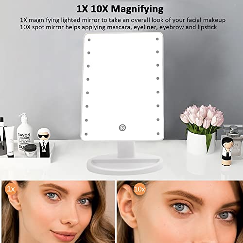 JARAGAR Light Up Mirror, 10X Magnifying 22 LED Vanity Mirror with Touch Sensor Dimming, Portable Make Up Mirror 360°Adjustable Rotation, Dual Pow