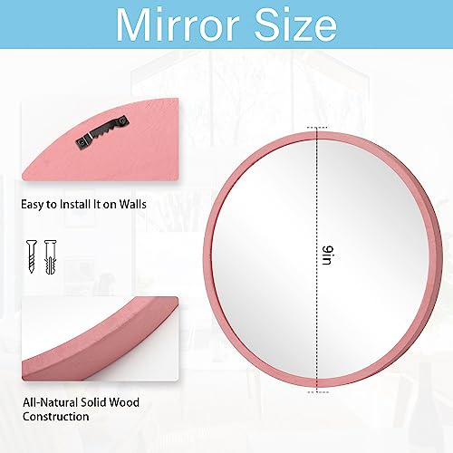 JJUUYOU Round Wall Mirror with Wood Frame, Small Hanging Wall Decorative Mirror Distressed Natural Wooden Farmhouse Frame for Bedroom, Bathroom o