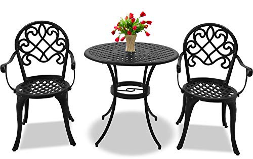 Homeology PREGO Garden & Patio Table & 2 Large Chairs with Armrests Cast Aluminium Bistro Set - Black