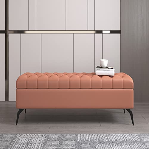 Rectangle Storage Bench,Solid Wood End of Bed Bench with Storage,Leather Upholstered Storage Bench,Modern Storage Chest Bedroom Bench-Blue 100x40