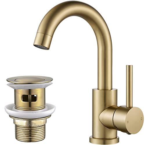 NewEast Basin Mixer Tap with Pop up Waste and Swivel Spout, Modern Black Brass Single Lever Bathroom Sink Tap Mixer