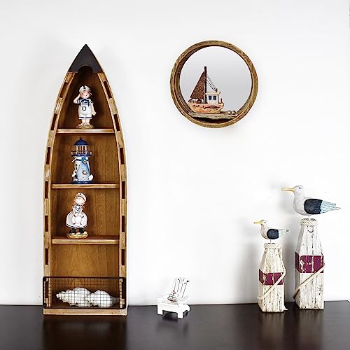 Linfevisi Round Wood Mirror Rustic Large Wall Mirrors Decor Solid Wood Frame Decorative Nautical Mirror with Sailboat Hanging Wooden Circle Mirro