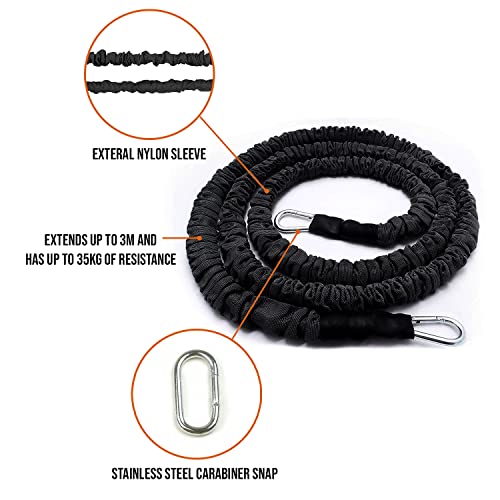 Strength & Power Training Bungee/Belt | Up to 35kg Resistance Band | Durable Waist Strap, Harness & Clip| Extra Strong 3 Metre Stretch | Sports/G