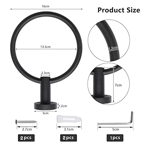 Knpwer Towel Ring 304 Stainless Steel Matte Black Towel Holder Round Shape Hand Towel Holder with Screws for Bathroom
