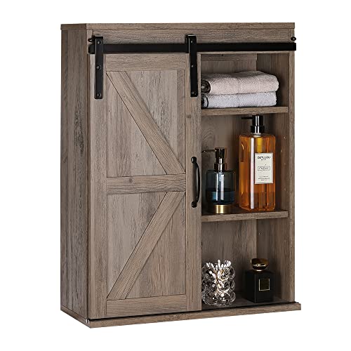 RUSTOWN Farmhouse Wood Wall Storage Bathroom Cabinet with Sliding Barn Door, Rustic Medicine Cabinet with Adjustable Shelf, 3-Tier Vintage Cabine