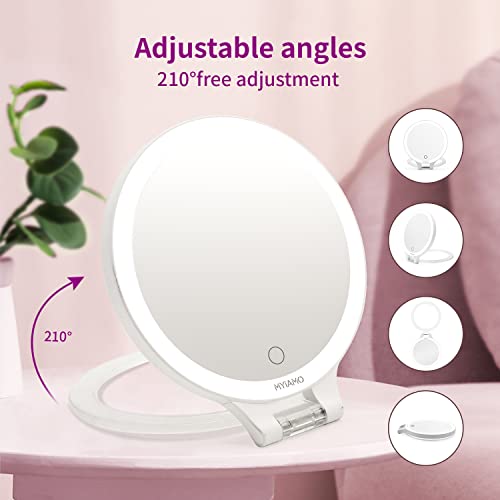 MYIAMO Makeup Mirror with Lights, Double Sided Lighted Magnifying Mirror 10X/ 1X with 3 Color Lighting Modes, Tabletop Mirror with Adjustable Fol