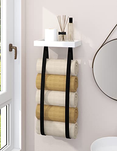 Petrala 70cm Towel Rack Wall Mounted, Black Towel Rail Bathroom Towel Storage 6 Large Bath Sheets with Multi-functional Floating Shelf for Bathro