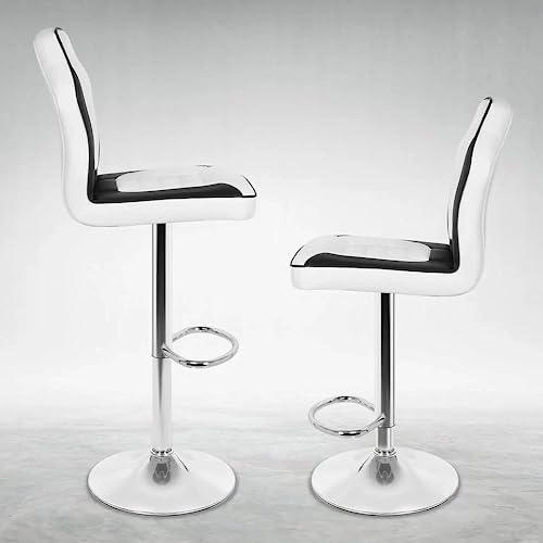MoNiBloom White-Black Blocking Bar Stools Set of 2, Vibrant Racing Style Height Adjustable PU Leather Barstools with Footrest, 360° Swivel Kitche