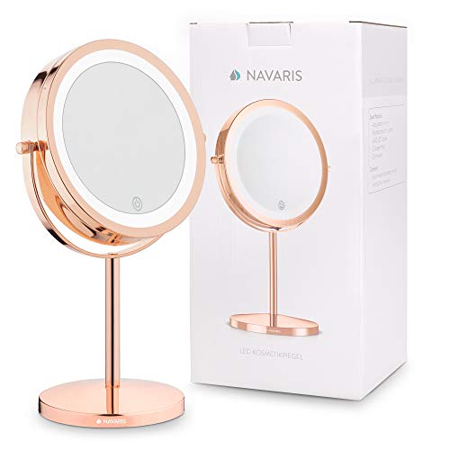 Navaris LED Illuminated Makeup Mirror - Two-Sided Vanity Mirror with Normal and 5x Magnification - 360° Cosmetic Mirror with Touch Screen - Coppe