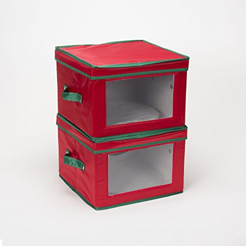 Household Essentials Dinner Plate Holiday Storage Chest,Red Canvas with Green Trim