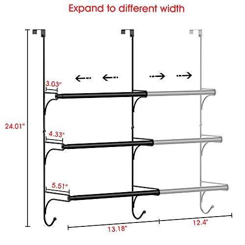 Over the Door Towel Rail - 3 Tier Bathroom Hanging Towel Rack with 2 Hooks - Expandable Towel Ladder for Towelsor Clothing - Black