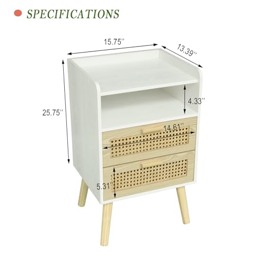 MaxSmeo White Nightstand with Rattan Drawers, Mid Century Modern Bedside Table, Boho Wood Nightstand for Living Room and Bedroom, White