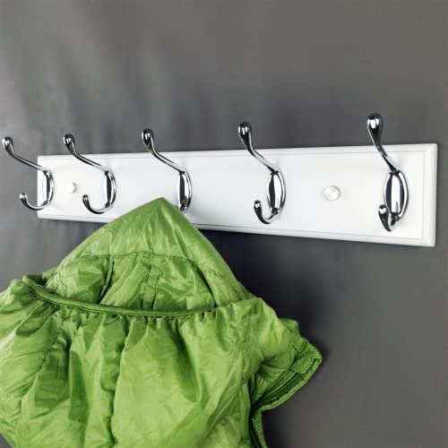 lomejii 5 Silver Hooks Wooden Wall Coat Rack, White 44 cm, Strong Hook Rack for Hanging Clothes, Hats, Backpacks, Great Modern Wardrobe for Entra