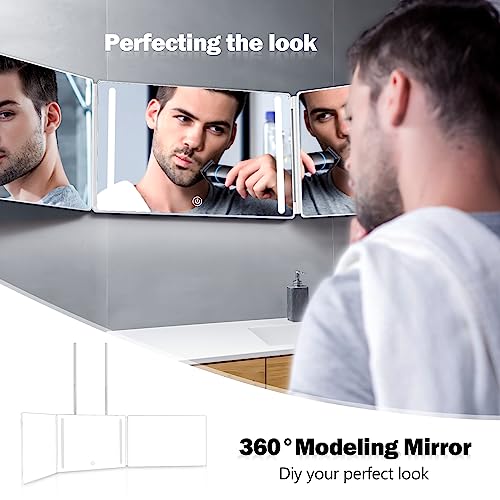 JANMPASK LED 3 Way Mirror for Self Hair Cutting Mirror Vanity Mirror Barber Supplies Accessories 360 Makeup Mirror with Light Trifold Mirror to S
