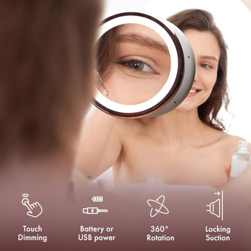 Fancii 10X Magnifying Makeup Mirror with LED Lights - Dimmable True Natural Daylight, USB & Battery, Strong Suction Cup, 20cm Wide - Luna (Silver