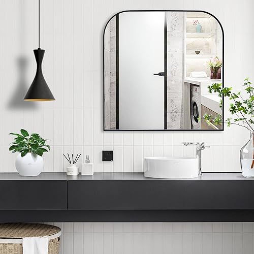 Minuover Modern Large Wall Mirror, Modern Minimalist Home Decor Arch Mantle Mirror, Brushed Black Metal Framed Arched Mirror for Bathroom, Living