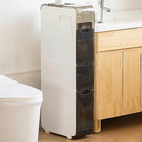 Bathroom Floor Cabinet Storage, 4-Tier Slim Toilet Paper Storage Cabinet with Clear Drawers and Casters, Large Capacity Narrow Vertical Dresser T