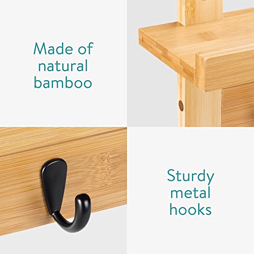 Navaris Coat Rack with Shelf - 74cm Wall Mounted Bamboo Shelf with 5 Hooks - Hanging Hook Storage for Hallway, Bedroom, Bathroom - Natural Finish