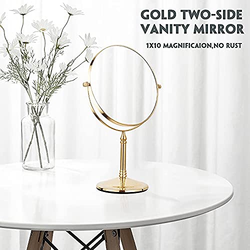 DOWRY 1x/10x Magnifying Mirror on Stand - Gold Table Mirror - Shaving Mirrors Free Standing - Bathroom Makeup Mirror on Stand - 360 ° Rotatable D