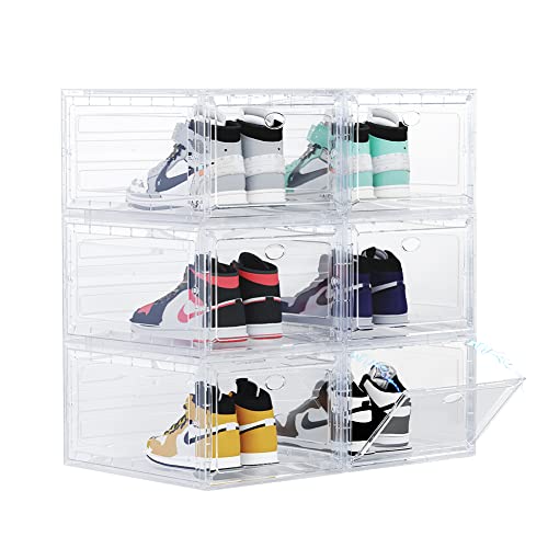 OMOPIN Clear Plastic Shoe Boxes Stackable, 10 Pack Drop Front Shoe Box, Shoe Storage Box, Sneaker Storage Shoe Containers for Size 12 (Clear 10pa