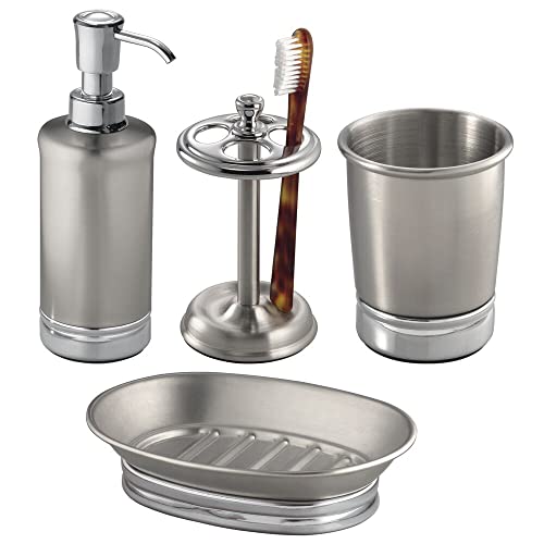 mDesign Set of 4 Stainless Steel Bathroom Accessories - Bathroom Set Including a Soap Dispenser, Soap Dish, Bathroom Tumbler and Toothbrush Holde