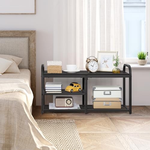 NORCEESAN Shoe Rack Bench for Entryway Shoe Organizer for Closet Black Bench with Shoe Storage Freestanding Shoe Rack with Mesh Shelves and Woode