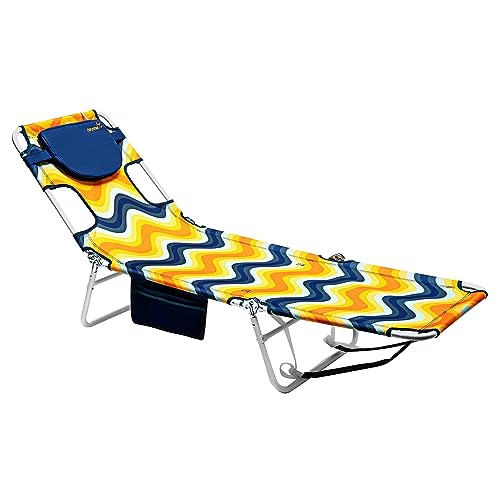 SUNNYFEEL Folding Camping Chairs Reclining Beach Chair Sun Lounger Lay Flat Tanning Portable with Removable Headrest Pillow Face Hole for Outdoor
