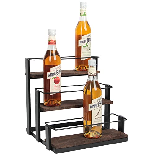 J JACKCUBE DESIGN 3 Tier Syrup Bottle Storage Rack, Rustic Wood and Metal Wire 12 Bottles Compartment Display Organizer Holder Stand for Syrup, W