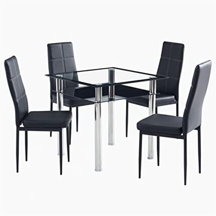 WALNUT Double-layer Square Tempered Glass Stainless Steel Cylindrical Leg 80 * 80 * 75cm Dining Table Set or 4pcs Dining Chairs