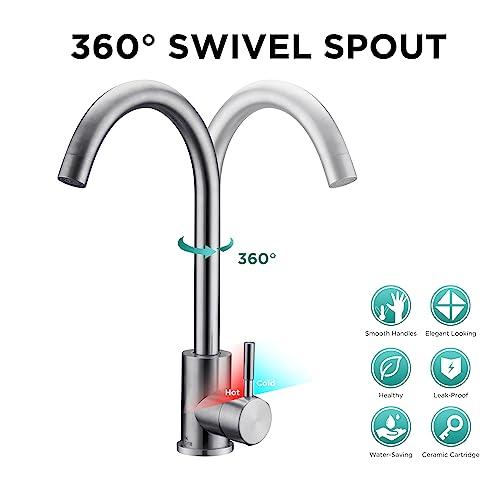 Kitchen Sink Mixer Tap SUS304 Stainless Steel Monobloc Mixer Taps with 360º Swivel Spout High Arc Single Lever Kitchen Faucet 1 Hole Mono Basin F